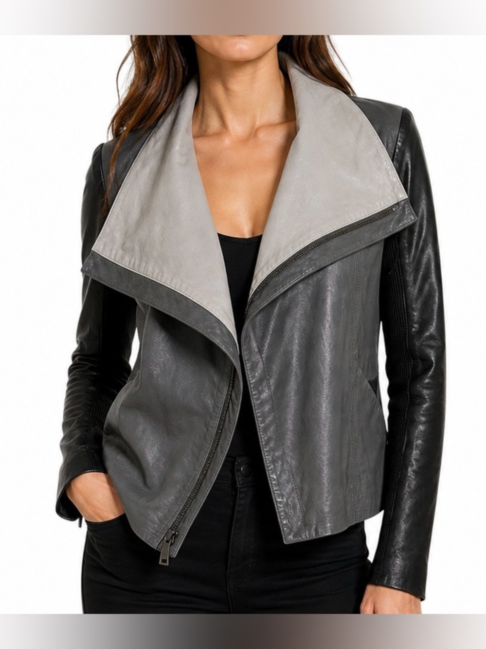 Vince Lambskin Leather Colorblock Moto Jacket Gray Black Size Small